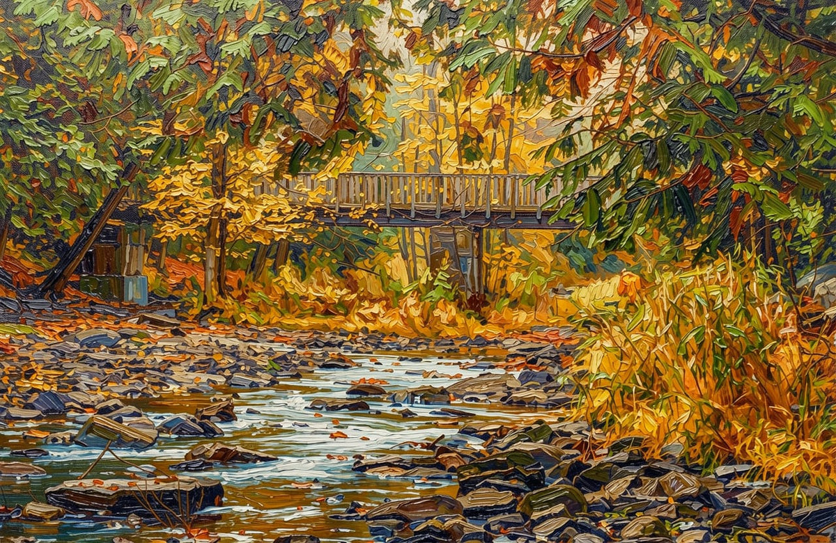 An impressionistic oil painting of an autumn landscape featuring a rocky stream, a wooden bridge, and dense foliage in vibrant shades of yellow, orange, green, and brown.