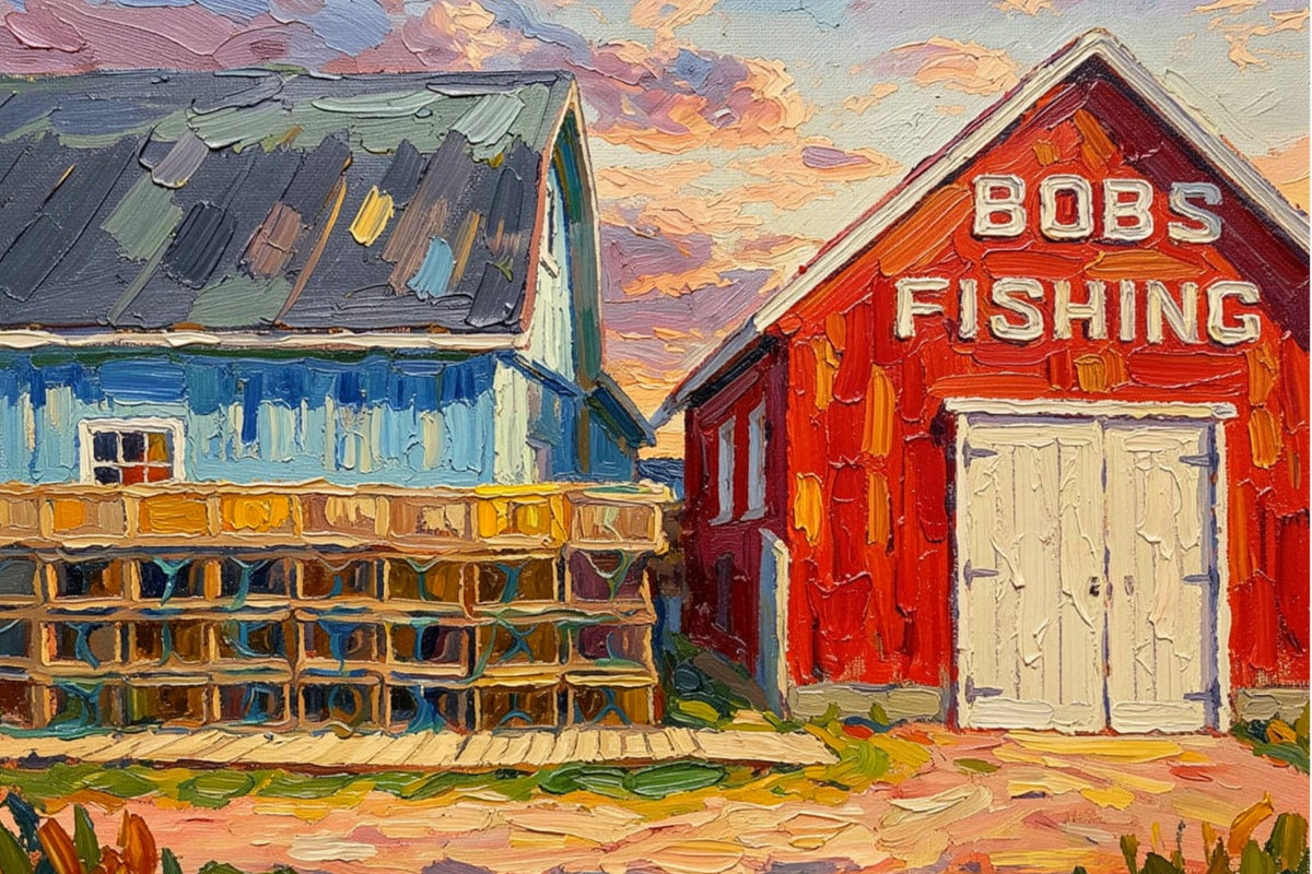 An oil painting print depicting a rural scene with a red barn labeled 'BOBS FISHING' and a blue house beside it under a colorful sunset sky, shown against a plain white background.
