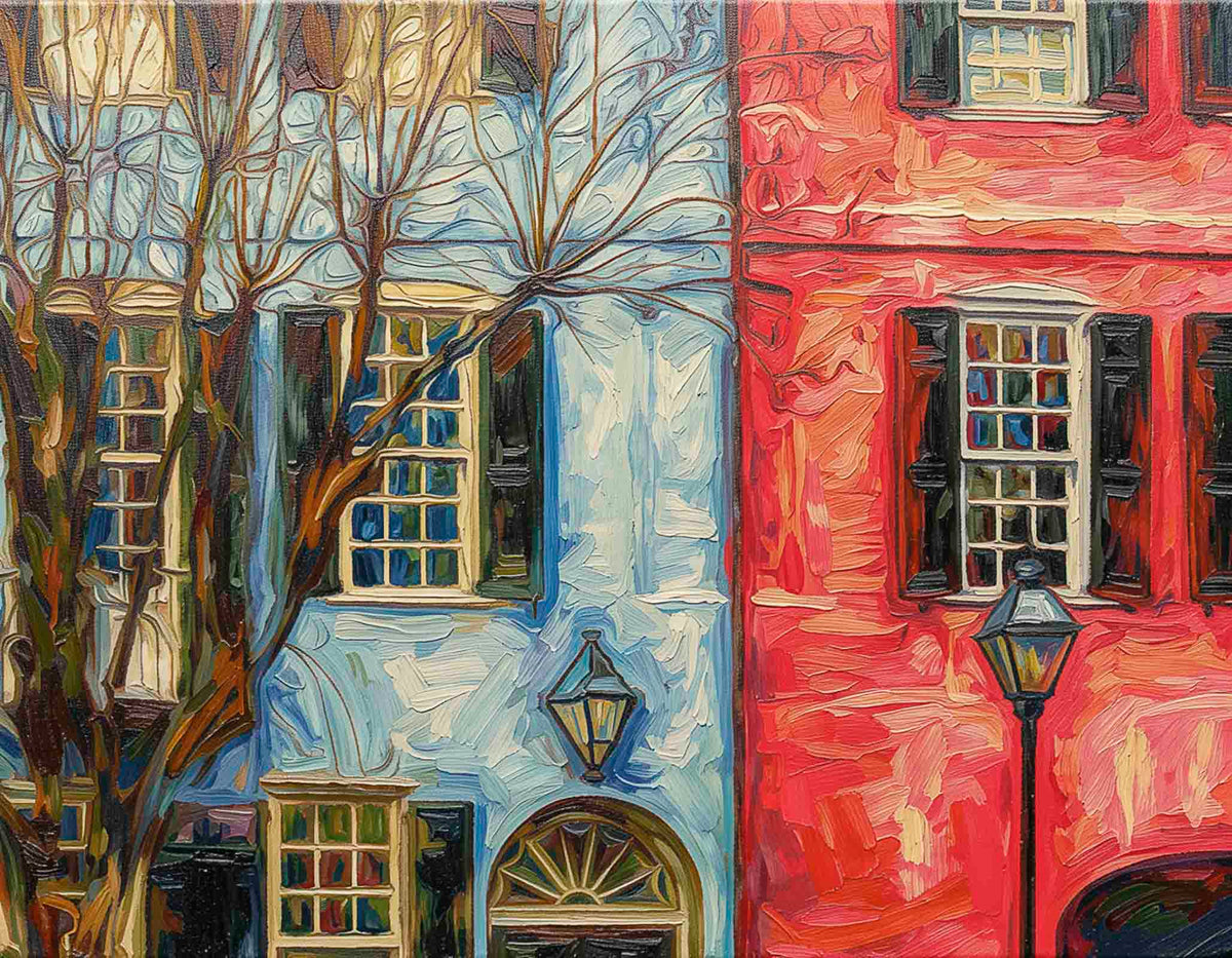 An impressionistic painting of two historic buildings side by side, with one in light blue and the other in vivid red-orange, featuring windows, bare tree branches, and a black street lamp.