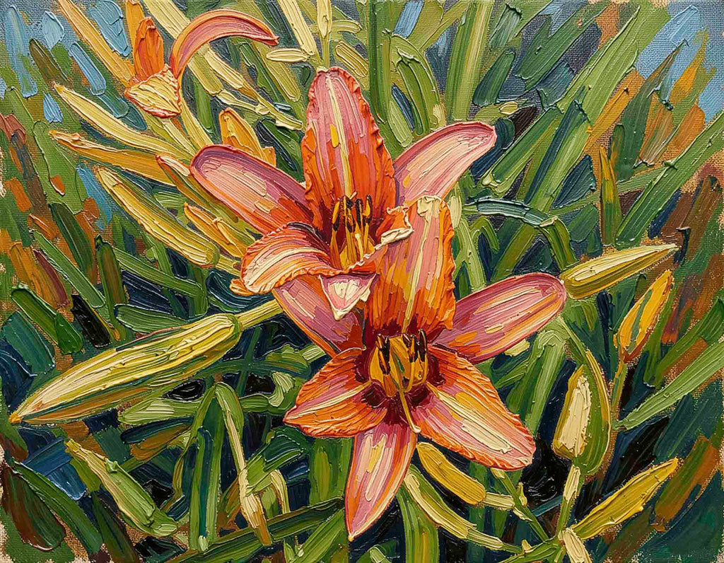Impressionistic oil painting of two orange daylilies with pink and yellow highlights, surrounded by textured green and yellow foliage on a blue background.