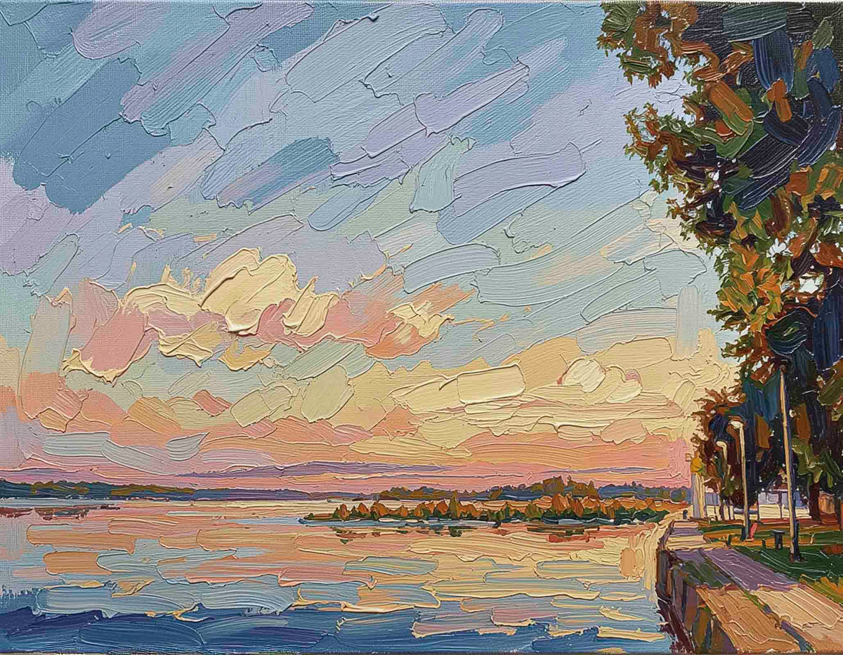 Impressionistic oil painting of a waterfront scene at sunset, featuring textured brushstrokes in blue, lavender, peach, and gold across the sky and water, with trees lining the right side of a walkway.