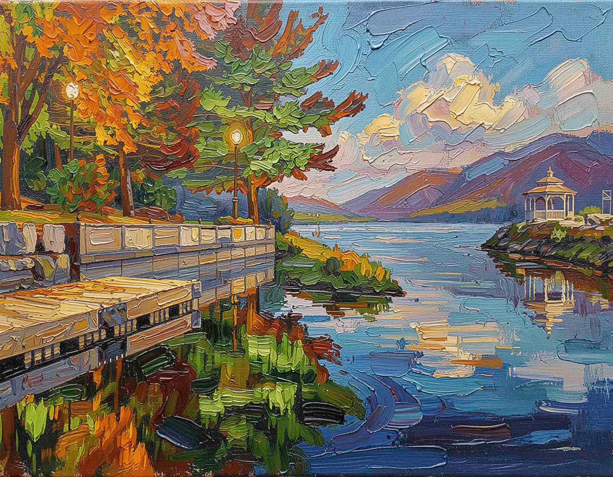 An impressionistic oil painting of a lakeside scene with autumn trees, a boardwalk, mountains, clouds, and reflections in the water. The artwork fills the frame, so the depicted colors are treated as the product colors.