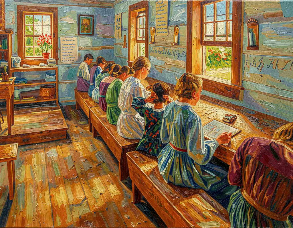 An oil painting depicting a group of young girls sitting at wooden desks in a rustic classroom, with blue wooden walls, warm sunlight streaming through windows, and a wooden floor.
