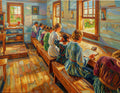 An oil painting depicting a group of young girls sitting at wooden desks in a rustic classroom, with blue wooden walls, warm sunlight streaming through windows, and a wooden floor.