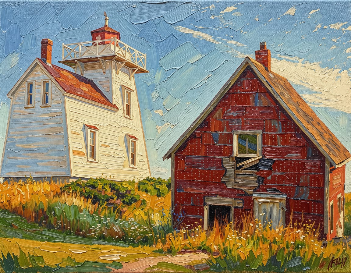 An impressionistic painting of a white lighthouse and a red weathered barn surrounded by golden grass under a blue sky with textured brushstrokes.