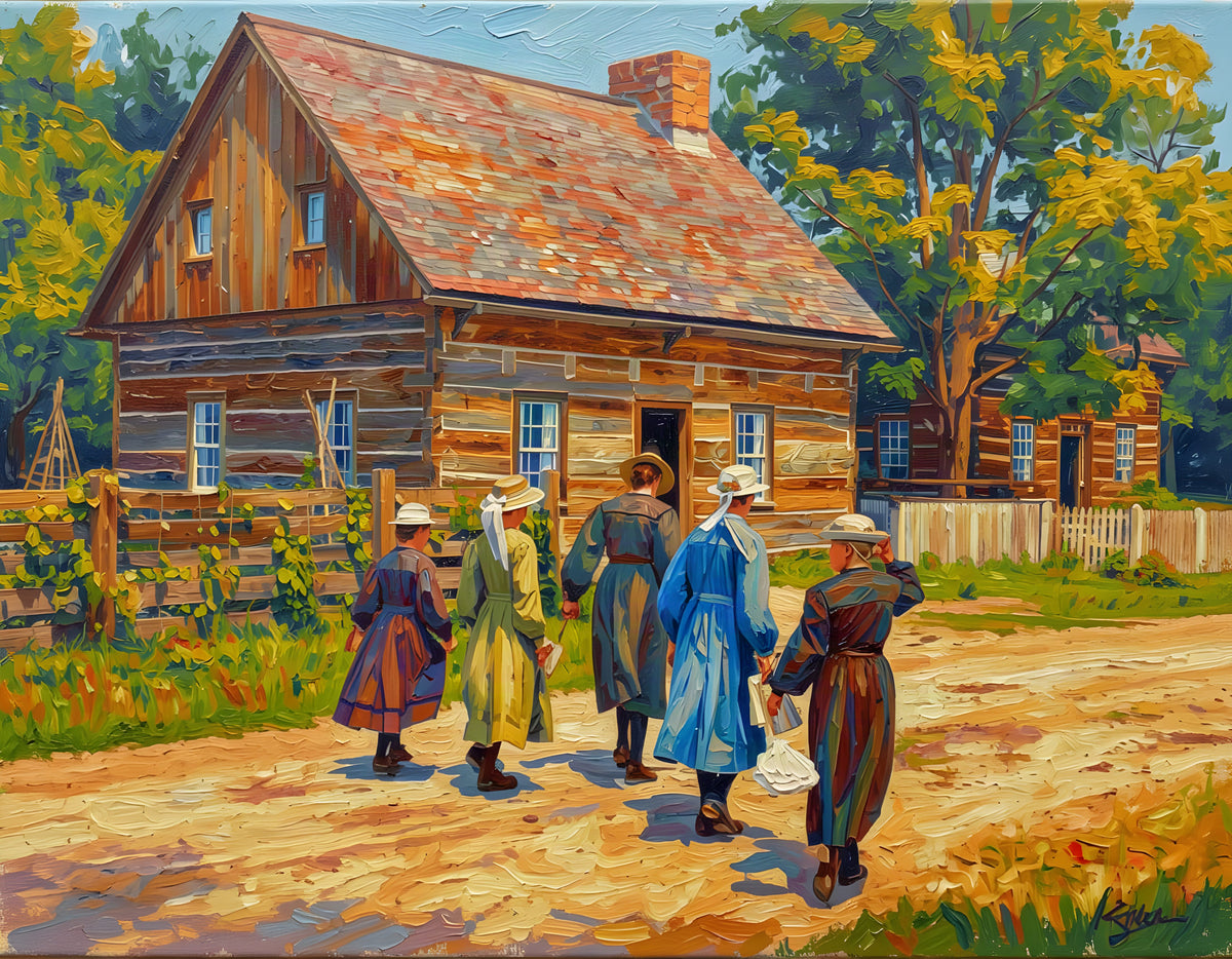 An impressionistic oil painting of a rustic log cabin with five women walking along a dirt path in front of it, surrounded by green trees and a warm orange sky.