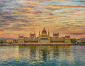 Impressionistic oil painting of the Hungarian Parliament Building across the Danube, rendered in warm sunset tones with blue water reflections.