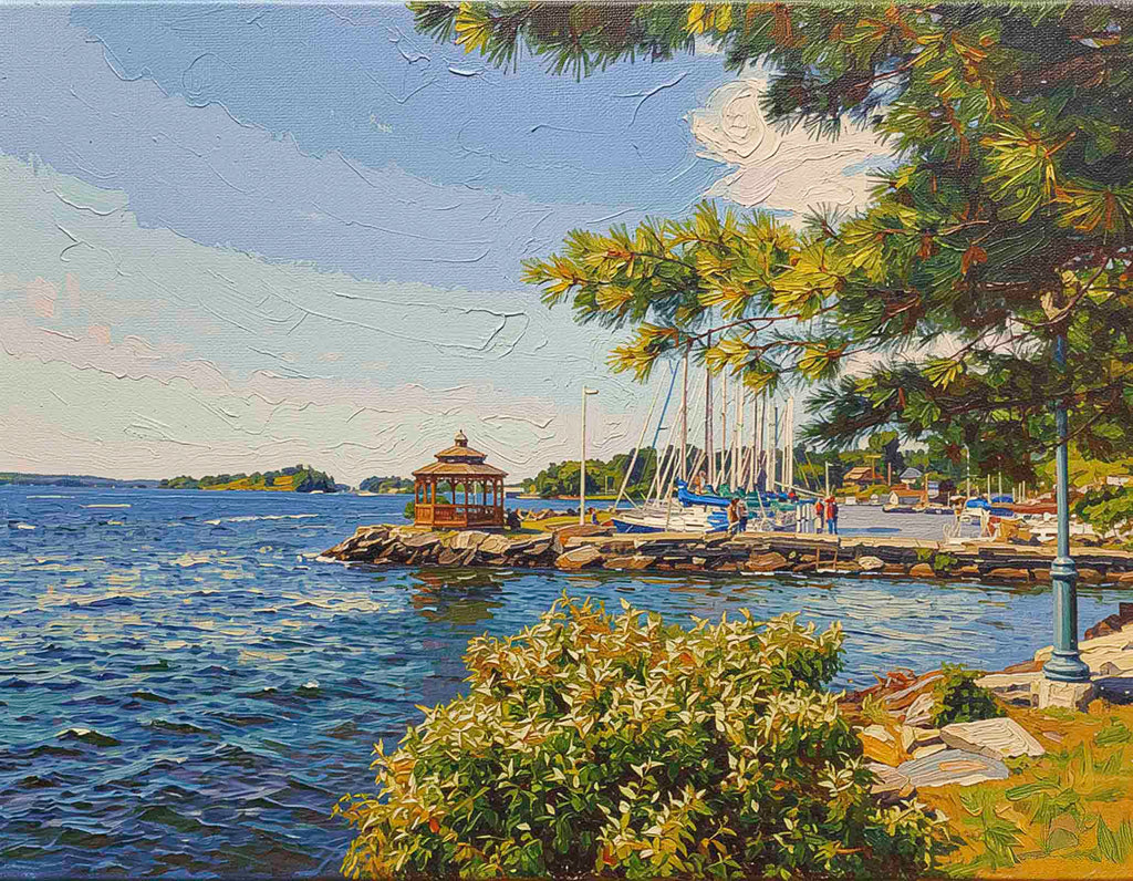 A colorful oil painting of a waterfront harbor scene with blue water, a stone pier, sailboats, a small pavilion, trees, and a cloudy sky.