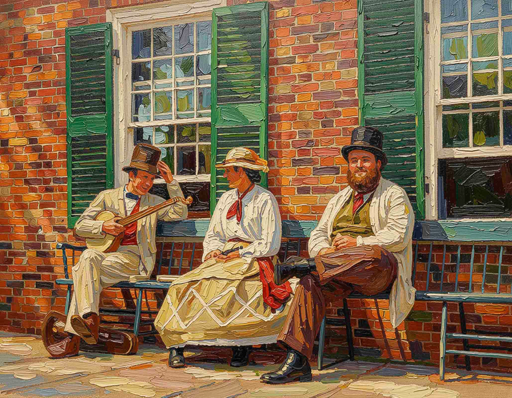 A painted scene of three people sitting on benches against a brick wall with green shutters. One man plays a stringed instrument, one woman sits in the center, and another man sits to the right.