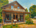 An oil painting of a rustic wooden grocery store with a sign reading 'DRY GOODS CROCERIES &' on a bright blue sky background with green trees.