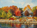 An impressionistic oil painting of an autumn lakeside scene with a gazebo, colorful fall trees, rocks, and water reflections. The artwork fills the entire frame.