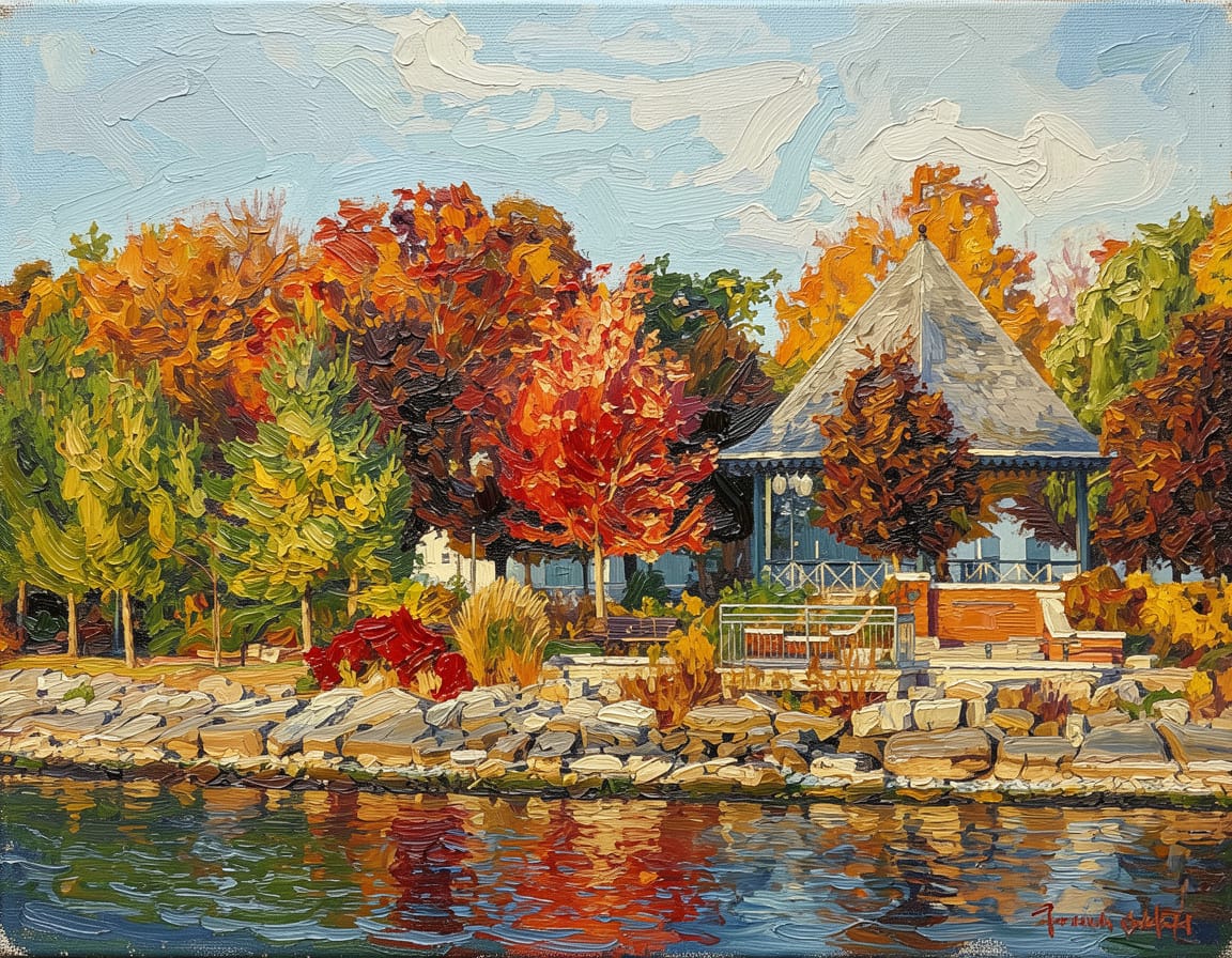 An impressionistic oil painting of an autumn lakeside scene with a gazebo, colorful fall trees, rocks, and water reflections. The artwork fills the entire frame.