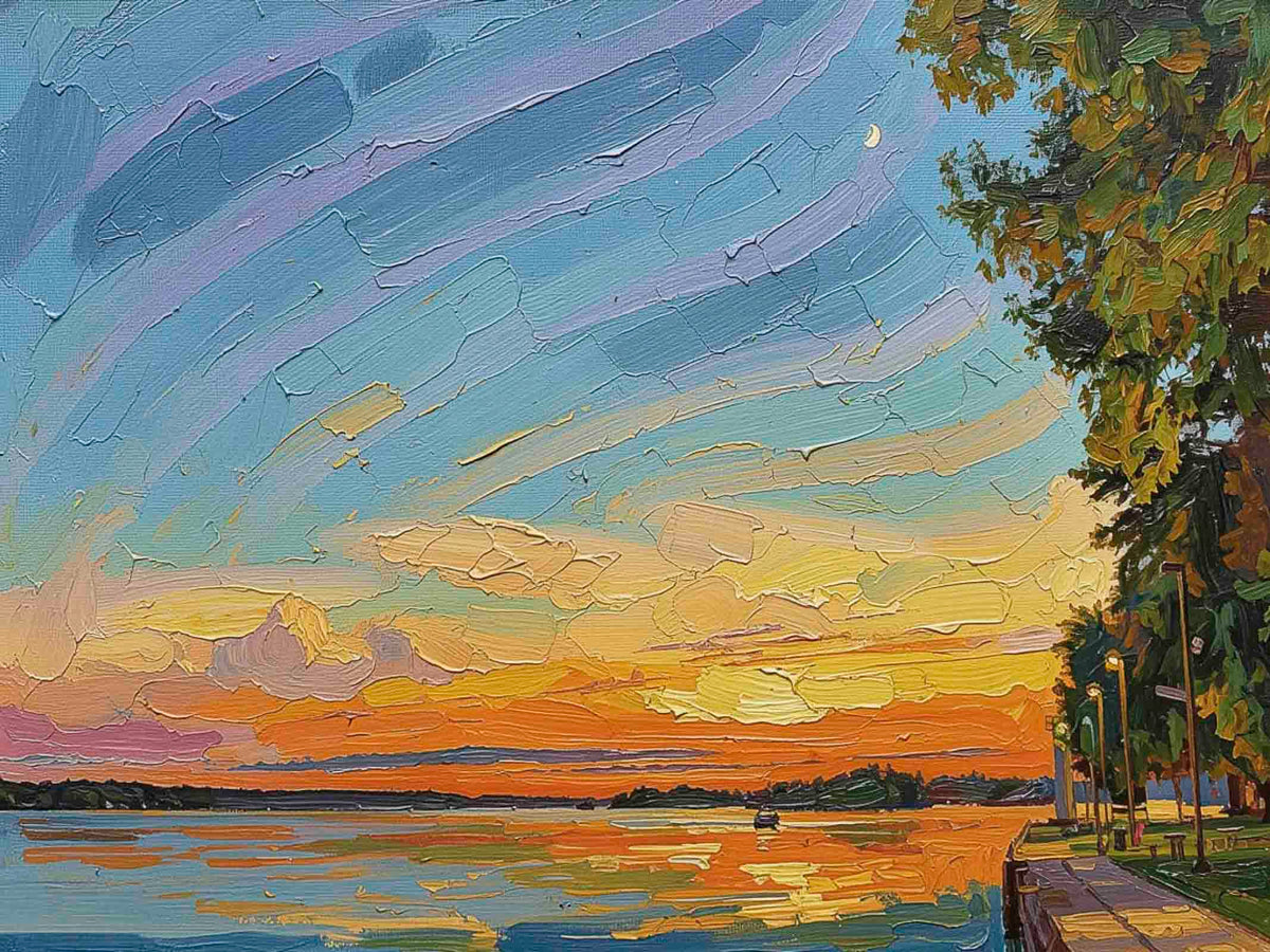 An impressionistic oil painting of a waterfront sunset scene, featuring a blue and purple sky with streaked brushwork, golden-orange clouds reflected in calm water, a small boat near the center, and a tree-lined promenade on the right.