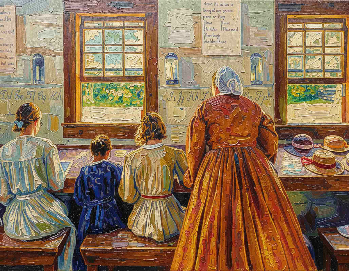 An oil painting of a historical domestic interior scene, depicting a woman in a rust-orange dress standing at a table with three children seated at a counter, all viewed from behind. The room features warm wood paneling, windows with light blue and green outdoor views, and a chalkboard on the wall.
